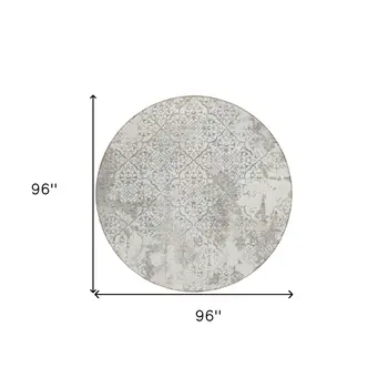 8' Ivory Beige And Taupe Round Floral Washable Indoor Outdoor Area Rug