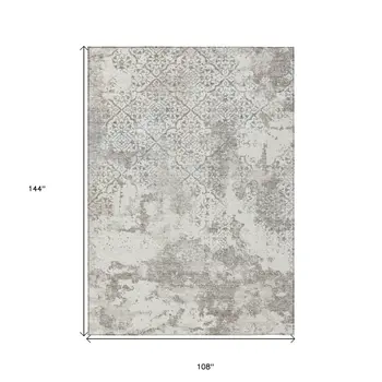 9' X 12' Ivory Beige And Taupe Floral Washable Indoor Outdoor Area Rug