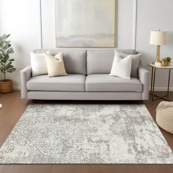 9' X 12' Ivory Beige And Taupe Floral Washable Indoor Outdoor Area Rug