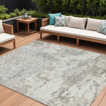 10' X 14' Ivory Beige And Taupe Floral Washable Indoor Outdoor Area Rug