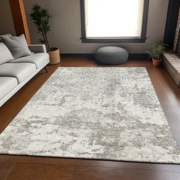 10' X 14' Ivory Beige And Taupe Floral Washable Indoor Outdoor Area Rug