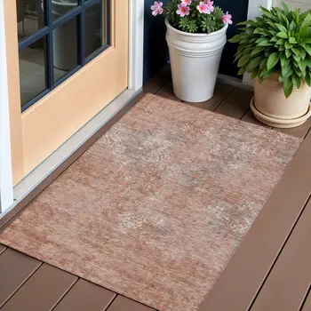 3' X 5' Salmon Ivory And Gray Floral Washable Indoor Outdoor Area Rug
