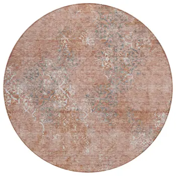 8' Salmon Ivory And Gray Round Floral Washable Indoor Outdoor Area Rug