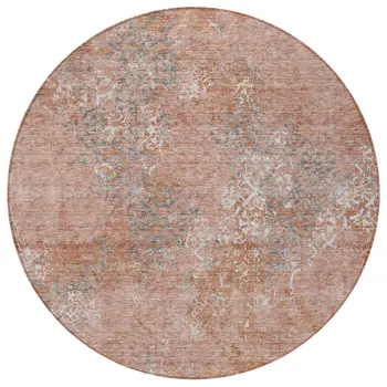 8' Salmon Ivory And Gray Round Floral Washable Indoor Outdoor Area Rug