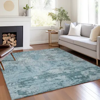 3' X 5' Teal Blue Aqua And Gray Floral Washable Indoor Outdoor Area Rug