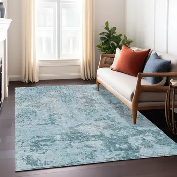 3' X 5' Teal Blue Aqua And Gray Floral Washable Indoor Outdoor Area Rug