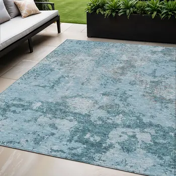 5' X 8' Teal Blue Aqua And Gray Floral Washable Indoor Outdoor Area Rug