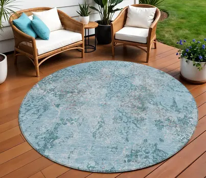 8' Teal Blue Aqua And Gray Round Floral Washable Indoor Outdoor Area Rug