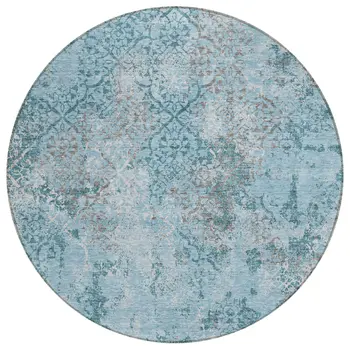 8' Teal Blue Aqua And Gray Round Floral Washable Indoor Outdoor Area Rug