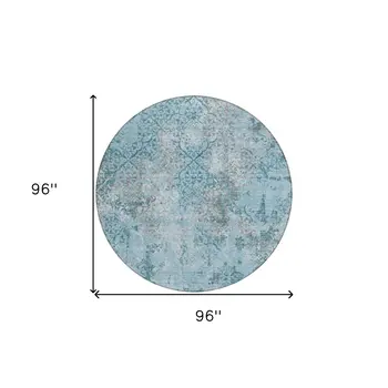 8' Teal Blue Aqua And Gray Round Floral Washable Indoor Outdoor Area Rug