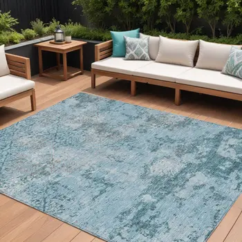8' X 10' Teal Blue Aqua And Gray Floral Washable Indoor Outdoor Area Rug