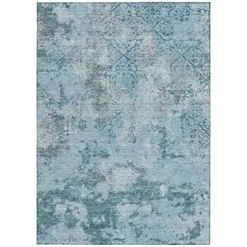 9' X 12' Teal Blue Aqua And Gray Floral Washable Indoor Outdoor Area Rug