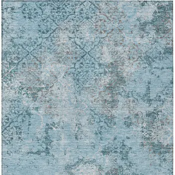 9' X 12' Teal Blue Aqua And Gray Floral Washable Indoor Outdoor Area Rug