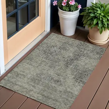 3' X 5' Taupe Khaki And Charcoal Floral Washable Indoor Outdoor Area Rug