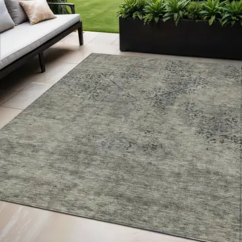 5' X 8' Taupe Khaki And Charcoal Floral Washable Indoor Outdoor Area Rug