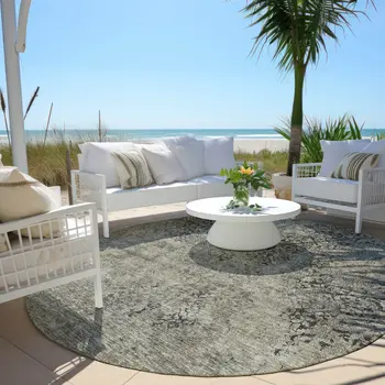 8' Taupe Khaki And Charcoal Round Floral Washable Indoor Outdoor Area Rug