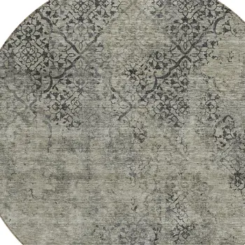 8' Taupe Khaki And Charcoal Round Floral Washable Indoor Outdoor Area Rug