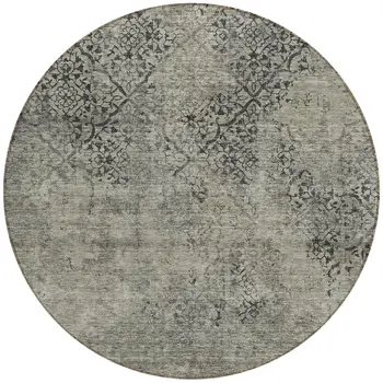 8' Taupe Khaki And Charcoal Round Floral Washable Indoor Outdoor Area Rug