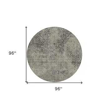 8' Taupe Khaki And Charcoal Round Floral Washable Indoor Outdoor Area Rug