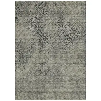 9' X 12' Taupe Khaki And Charcoal Floral Washable Indoor Outdoor Area Rug