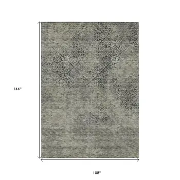 9' X 12' Taupe Khaki And Charcoal Floral Washable Indoor Outdoor Area Rug
