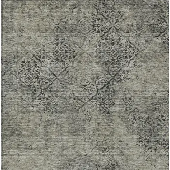 10' X 14' Taupe Khaki And Charcoal Floral Washable Indoor Outdoor Area Rug