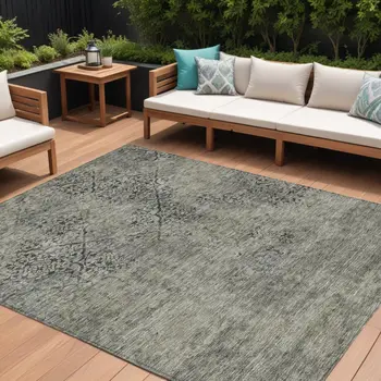 10' X 14' Taupe Khaki And Charcoal Floral Washable Indoor Outdoor Area Rug