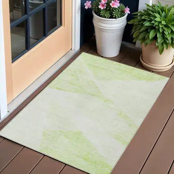 3' X 5' Artichoke Green Lime Green And Ivory Abstract Washable Indoor Outdoor Area Rug