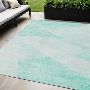 5' X 8' Aqua Sky Blue And Ivory Abstract Washable Indoor Outdoor Area Rug