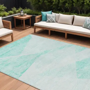 9' X 12' Aqua Sky Blue And Ivory Abstract Washable Indoor Outdoor Area Rug