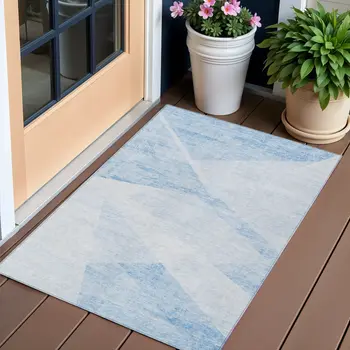 3' X 5' Denim Blue And Sky Blue Abstract Washable Indoor Outdoor Area Rug