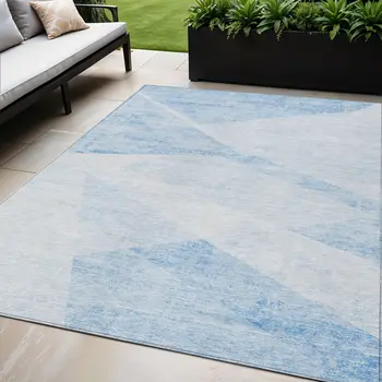 5' X 8' Denim Blue And Sky Blue Abstract Washable Indoor Outdoor Area Rug
