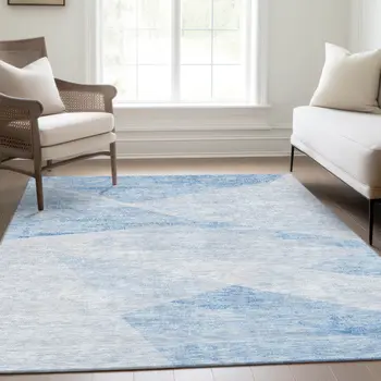 5' X 8' Denim Blue And Sky Blue Abstract Washable Indoor Outdoor Area Rug