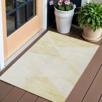 3' X 5' Gold Beige And Ivory Abstract Washable Indoor Outdoor Area Rug