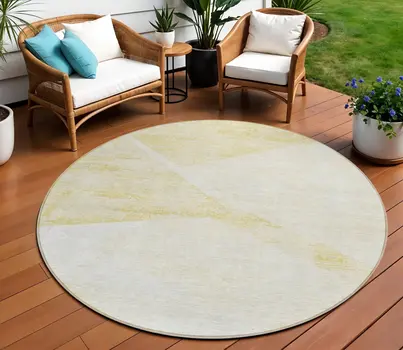 8' Gold Beige And Ivory Round Abstract Washable Indoor Outdoor Area Rug