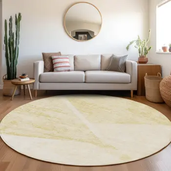 8' Gold Beige And Ivory Round Abstract Washable Indoor Outdoor Area Rug