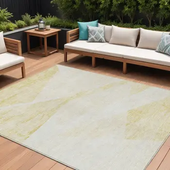 9' X 12' Gold Beige And Ivory Abstract Washable Indoor Outdoor Area Rug