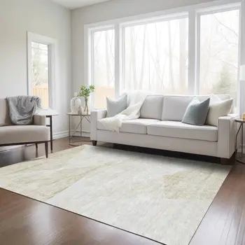 3' X 5' Khaki Beige And Ivory Abstract Washable Indoor Outdoor Area Rug