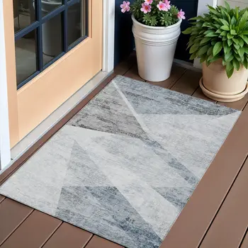 3' X 5' Sky Blue Gray And Charcoal Abstract Washable Indoor Outdoor Area Rug