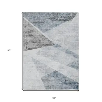 5' X 8' Sky Blue Gray And Charcoal Abstract Washable Indoor Outdoor Area Rug