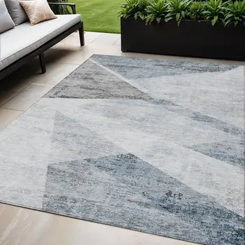 5' X 8' Sky Blue Gray And Charcoal Abstract Washable Indoor Outdoor Area Rug