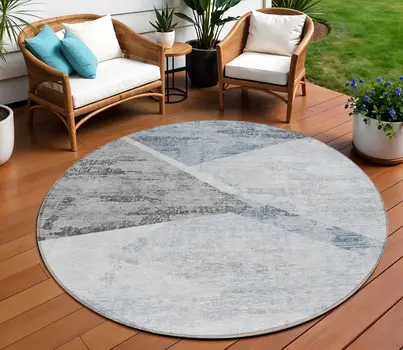 8' Sky Blue Gray And Charcoal Round Abstract Washable Indoor Outdoor Area Rug
