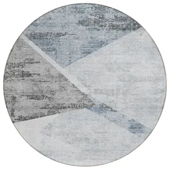 8' Sky Blue Gray And Charcoal Round Abstract Washable Indoor Outdoor Area Rug