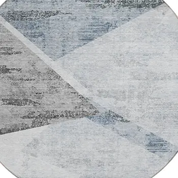 8' Sky Blue Gray And Charcoal Round Abstract Washable Indoor Outdoor Area Rug