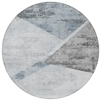 8' Sky Blue Gray And Charcoal Round Abstract Washable Indoor Outdoor Area Rug