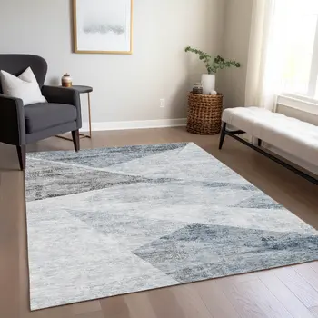 8' X 10' Sky Blue Gray And Charcoal Abstract Washable Indoor Outdoor Area Rug