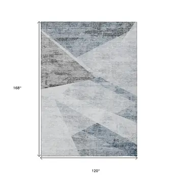 10' X 14' Sky Blue Gray And Charcoal Abstract Washable Indoor Outdoor Area Rug