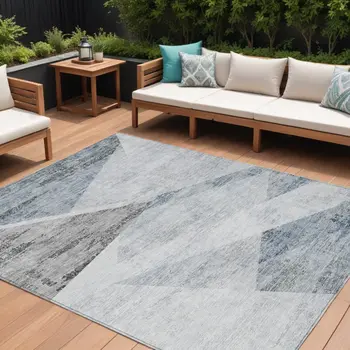 10' X 14' Sky Blue Gray And Charcoal Abstract Washable Indoor Outdoor Area Rug