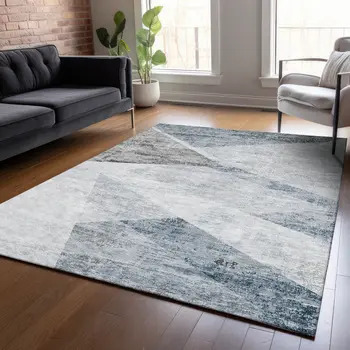 10' X 14' Sky Blue Gray And Charcoal Abstract Washable Indoor Outdoor Area Rug