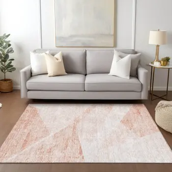 3' X 5' Salmon Peach And Ivory Abstract Washable Indoor Outdoor Area Rug